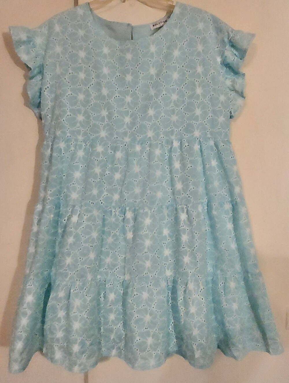 SOLUTION Light Blue Eyelet Tiered Babydoll Dress Size Large Flutter Sleeve Mini